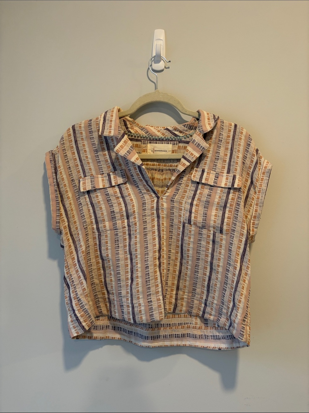 Anthropologie Striped Button-Front Crop Top in Beige & Blue